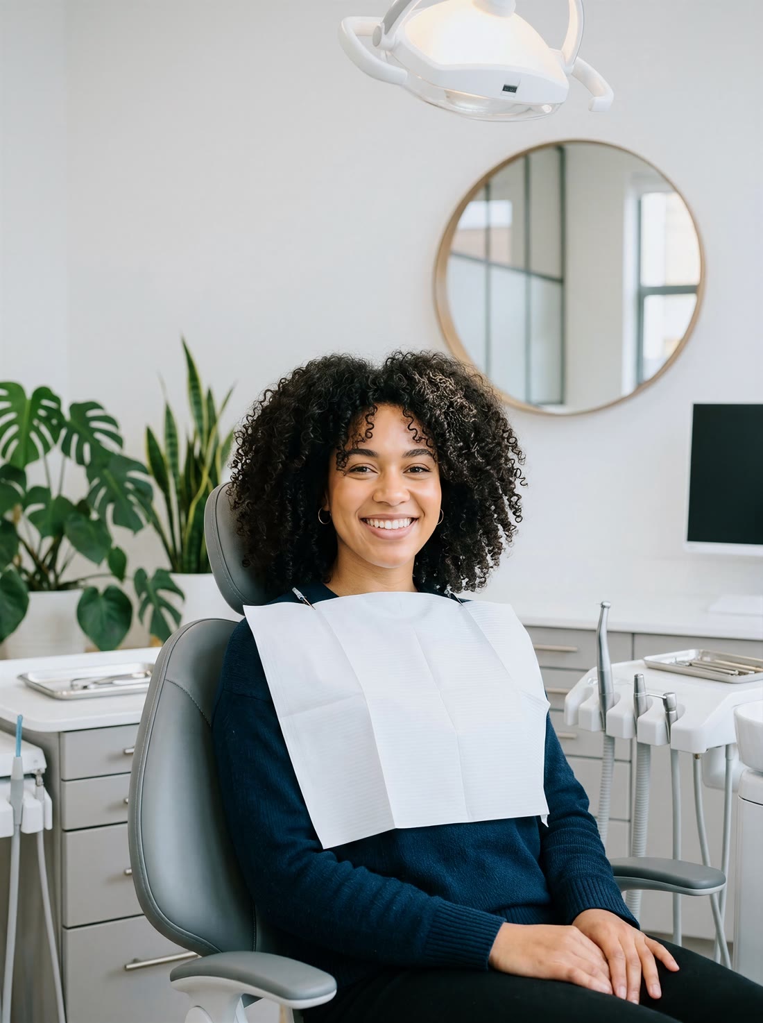 A smiling patient relaxing in a bright, modern dental treatment room